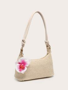 Bolso de hombro para mujer, bolso cuadrado, colgante de flor de cuerda de PU, gran capacidad, ligero, estilo casual y de moda para playa y vacaciones, adecuado para compras y vacaciones, bolso de playa - Albaricoque - Ver 3