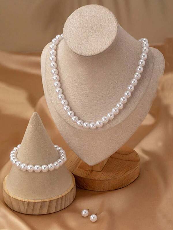 Set de 3 piezas de joyas de moda para niñas con collar, pulsera y aretes con perlas, adecuado para uso diario, fiestas, citas y como regalo