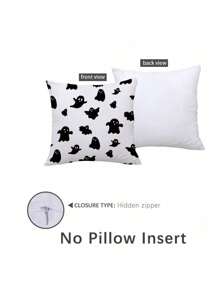 2 Pcs Cute Ghost Printed Black And White Pillow Covers [Without Pillow Insert], 17.7*17.7in (45*45cm)/19.68*19.68in (50*50cm), [Single-Sided Printing] Polyester, Pillow Cases For Sofa, Living Room, Bedroom, Car, Office, Hotel, Homestay Decor, Perfect Gift For Family And Friends, All Season Use