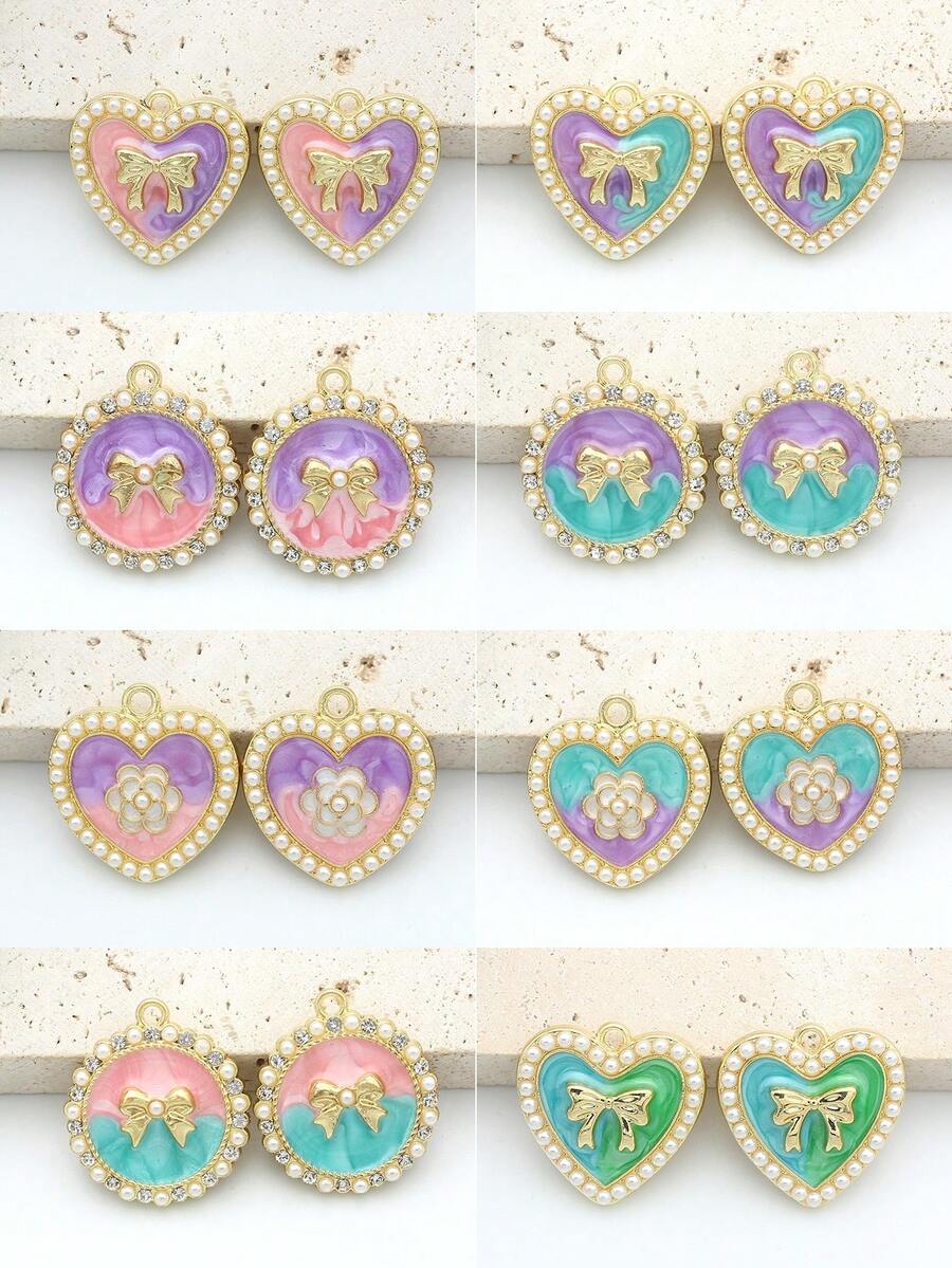 4 件珠光渐变蝴蝶结、心形和圆形吊坠 DIY 珠宝配饰，复古奢华耳环、项链，适合日常佩戴