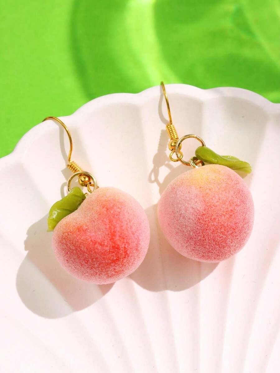 1 对创意有趣独特可爱卡通逼真水果桃子和叶子吊坠耳环，适合女性日常佩戴、节日和派对 - 彩色 - 查看 1