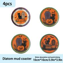 1 Set /4 Pieces /6 Pieces: Halloween Black Cat Pattern Diatom Mud Coasters, Floral Coffee Coasters, Multi-Occasion Decoration For Home And Restaurant, Daily Gifts, Table Decoration, Daily Decoration, Theme Party Decoration