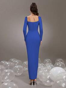 Đầm Maxi Ôm Body Cổ Vuông Tay Dài Đính Đá Rhinestone Mới, Đầm Dạ Hội Cưới Trang Trọng Cho Nữ - Xanh đậm - Xem 5