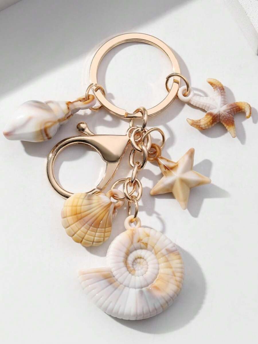 1 件男女通用金属贝壳钥匙扣 DIY 海星贝壳吊坠时尚精致包饰沙滩包沙滩配件度假背包装饰钥匙扣适用于包包汽车配件女士