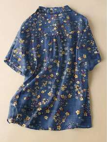 Damen Große Größen Kleinteiliges Blumen Muster Kurzarm Leinenbluse mit Mandarinskragen Künstlerisches Top für Petite, Sommer Leinen Damen Rock, Altes Geld, Boho Rock - Blau - Übersicht 8