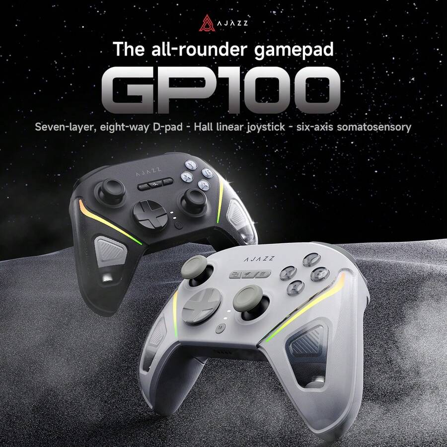 Tay cầm chơi game AJAZZ Galaxy GP100 đa năng với 3 chế độ kết nối không dây, cần điều khiển tuyến tính hiệu ứng Hall, nút bấm cơ học, pin dung lượng lớn 800mAh, đèn nền RGB, tốc độ phản hồi 1000Hz. - Xem 1