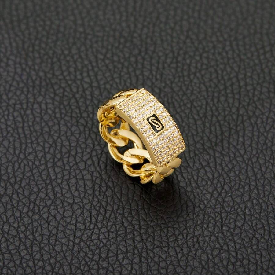 Hip Hop Rapper 5A+ CZ Stone Paved Bling Ice Out Cuban Chain Logo Finger Rings For Men Jewelry Golden Color Drop Shipping - 金色 - 查看 1