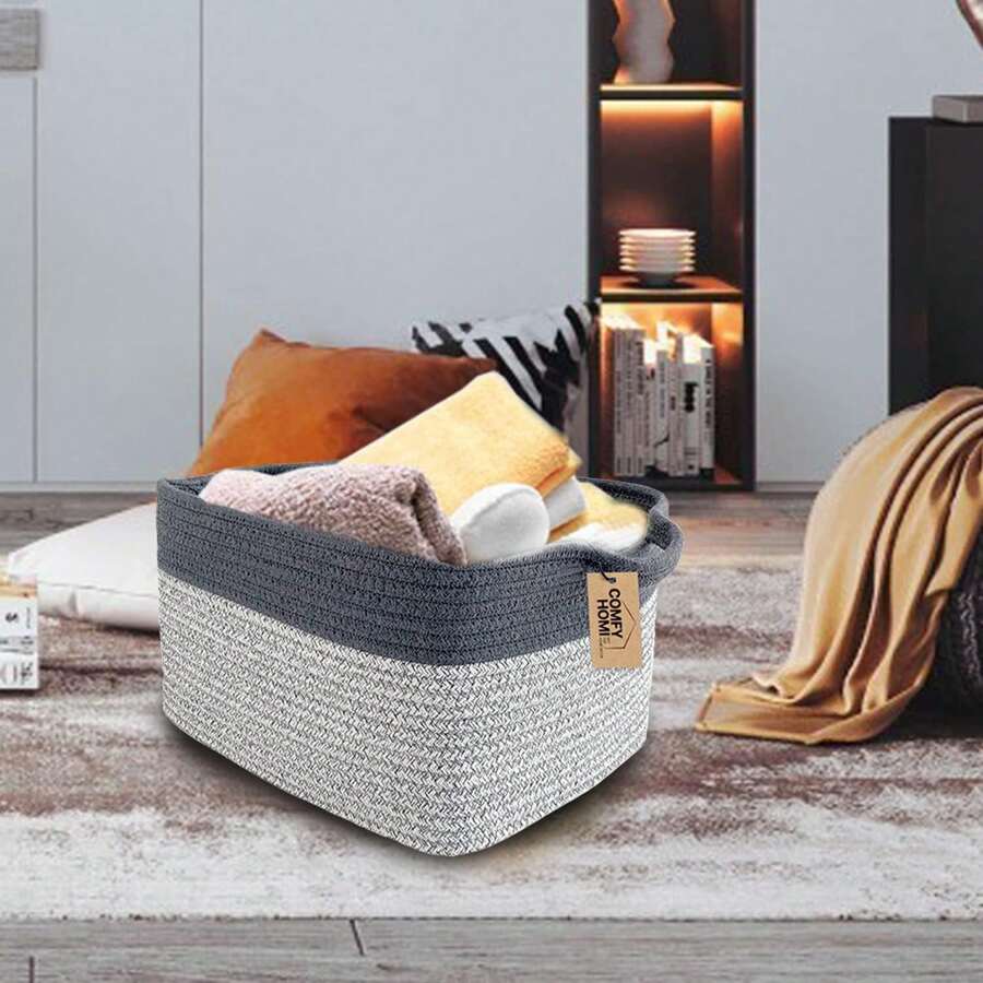 Cotton Rope Woven Basket With Handles For Shelves,Toys,Book, Cloth Storage Baskets Bin For Organizing-13.5"X11"X9.5" Toy Decorative Organizer For Living Room, Bathroom-Light Grey,8768348 - 灰色 - 查看 1