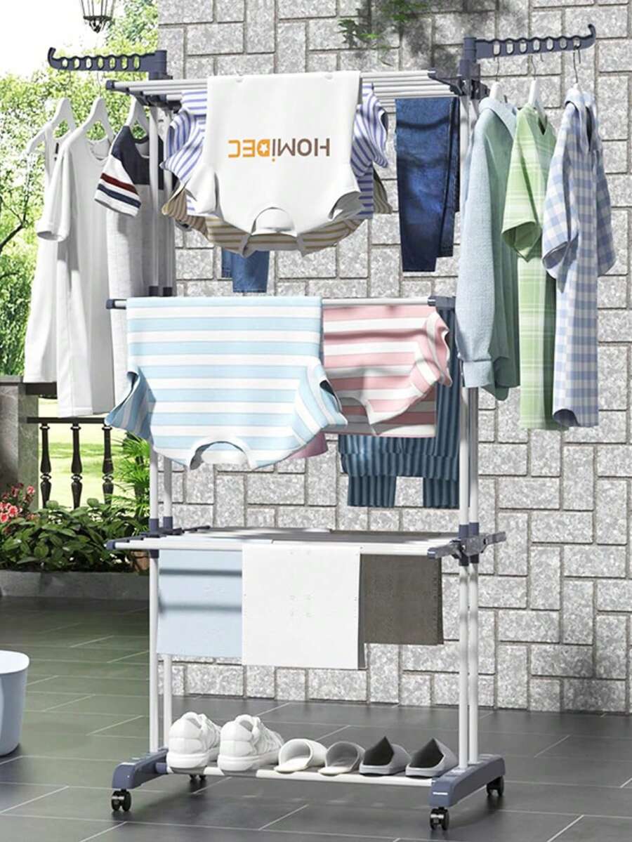 1 pieza Toallero de pie de 4 niveles de tubo de hierro, gris o azul, secadora plegable de varios niveles, regalo para vacaciones de verano - Multicolor - Ver 1