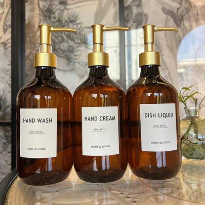 Set de 3 botellas recargables de 500ml/16oz de color marrón con bomba, botellas de plástico vacías para champú, acondicionador, gel de baño, jabón líquido, loción corporal, cosméticos, accesorios de baño reutilizables