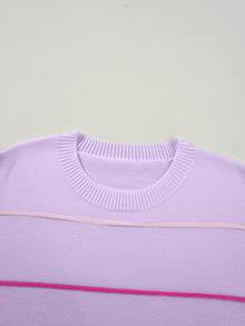 Acelitt Casual Contrast Stripe Off-Shoulder 3/4 Sleeve Ribbed Crew Neck Knit Top, Suitable For All Seasons