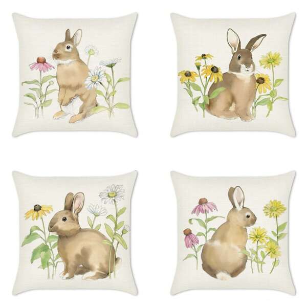 Linen Cushion Covers Blue Geometric Pattern Cushion Covers Set Of 4 Square Decorative Cushions Sofa Cushion Covers Floral Autumn Maple Leaf Cushions Cushion Covers Easter Bunny With Watercolor Flowers And Leaves Decorative Cushions Sofa Cushions