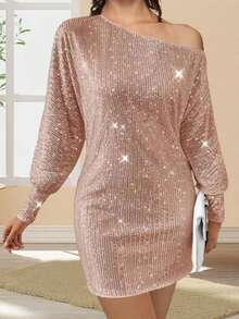 Women's Off One Shoulder Sequined Dress Slim Fit Stylish Sparkly Long Sleeve Mini Bodycon Dress - 粉色 - 查看 3