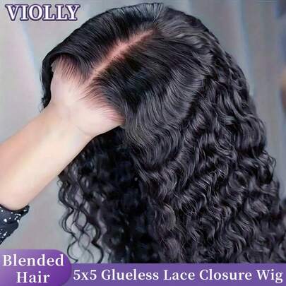  VIOLLY 200% 密度 5x5 无胶蕾丝闭合假发 预切蕾丝黑色长深波浪巴西真人发编织人发混合假发 舒适适合日常佩戴和特殊场合 戴上即走 假发无缝自然外观 适合初学者