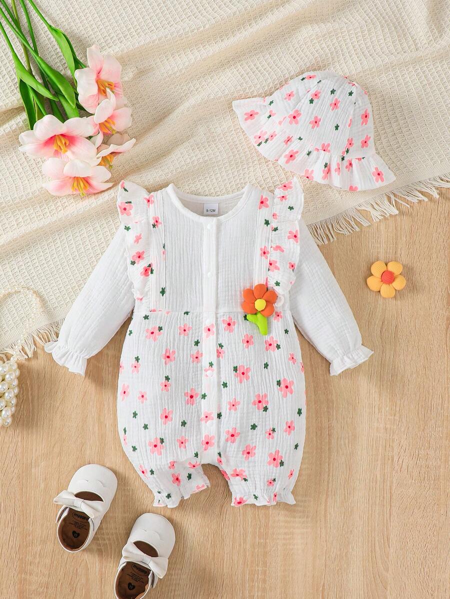 Cute Ditsy Floral Cap Sleeve Long Sleeve Embellished Flower Decor Casual Infant Girl Outfit