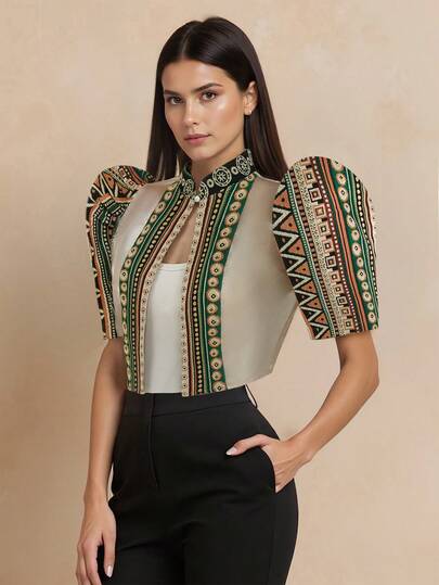 1件 Amyenjoylife 现代菲律宾风格女式半透明拼接立领衬衫，优雅衬衫，纽扣开襟，春夏款，蝴蝶袖菲律宾风格，女士菲律宾短款外套，绿色圣诞衬衫