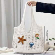 Starfish Pattern Hollow-Out Solid Color Large Capacity Tote Bag, Adorable Marine Life Mermaid, Seashell, Jellyfish Pattern Sequin Embroidery Sequins Decoration Summer Beach Bag, Mesh Multi-Functional Commuter Bag, Crochet Hobo Bag, Y2K Shoulder Bag, Gift For Women, Suitable For Leisure, Vacation, Beach