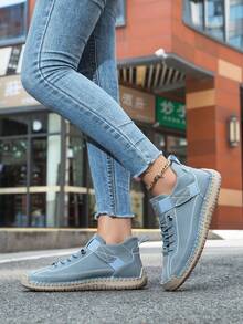 Botas retro y desnudas cosidas a mano para mujer, zapatos deportivos y casuales de moda sencilla de color azul claro con cordón, adecuados para conducción diaria, deportes al aire libre, senderismo, modelo de pareja. Suelas de goma para hombres resistentes al desgaste y cómodas, zapatos para hombres y mujeres de talla grande