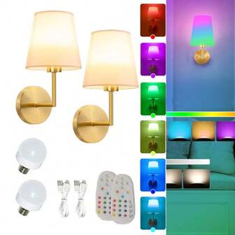 2pcs Gold/Black Wall Lamps, Retro Style Wall Lamp Fixture, Wireless Fabric Wall Sconce, Battery-Powered Wall Light, With RGB Magnetic Rechargeable Bulb, Easy To Charge, Suitable For Living Room, Bedroom, Corridor, Porch