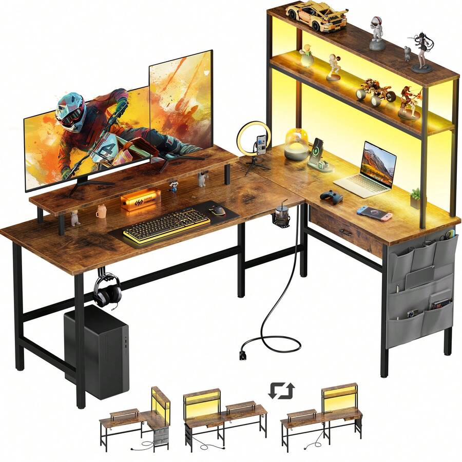 HLDIRECT HLDIRECT L Shaped Gaming Desk With LED Light & Power Outlet ...
