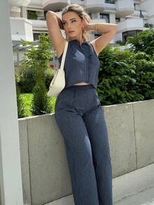 Jeta Ari Women's Summer Striped Spaghetti Strap Top & Pants Casual 2 Pieces Set - Navy Blue - View 1