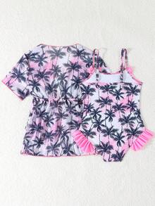 Conjunto de traje de baño de una pieza con volantes, tirantes finos y lazo decorativo, con estampado de sombra de coco y ola púrpura, para niñas jóvenes - Multicolor - Ver 3