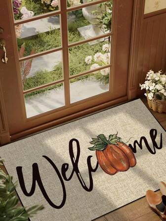 1pc Autumn Harvest Pumpkin Welcome Doormat, Minimalist Short Plush Quick-Dry Non-Slip Washable Entrance Mat, Home Decor, Suitable For Kitchen, Bathroom, Dining Room, Entryway, Party, New Year, All Seasons, Yard Decoration