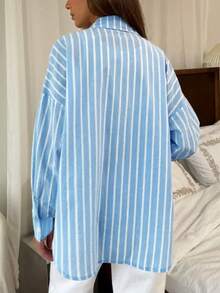 Striped Button-Down Casual Shirt, All Season - Blue - View 3