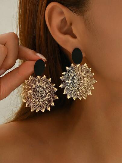 1 对复古时尚百搭镂空金属向日葵耳环适合日常佩戴