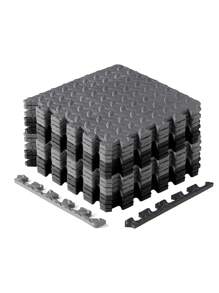 16片装健身器材泡沫垫 - 非防水EVA泡沫材质，适用于健身房和家庭锻炼，耐用彩色拼图垫（黑/灰），可降低噪音并确保训练安全，健身配件