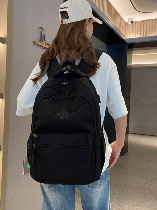 1pc Large Capacity Foldable Waterproof Solid Color Business USB Backpack Book Bag