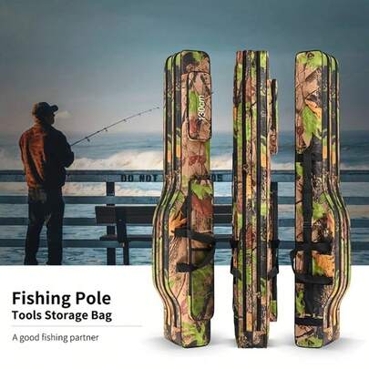 便携式三层鱼竿包，耐用牛津布可折叠鱼竿渔线轮收纳袋，防水迷彩钓具包