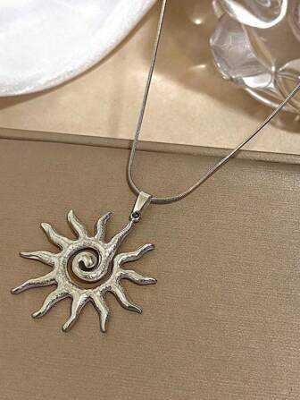 1pc Vintage Sun Totem Pendant Necklace, Women's Stainless Steel Chain Necklace, Daily Party Jewelry Gift, 18K Gold
