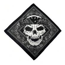 1pc Solid Color Bandana - Skull & Vintage Paisley Print Square Scarf, Black & White, Machine Washable, Unisex Motorcycle Riding Outdoor Fashion Accessory, Motorcycle Gear, Avant-Garde Fashion Piece, Exquisite Pattern Design, Halloween Skull Print Bandana Skull Paisley Pattern Polyester