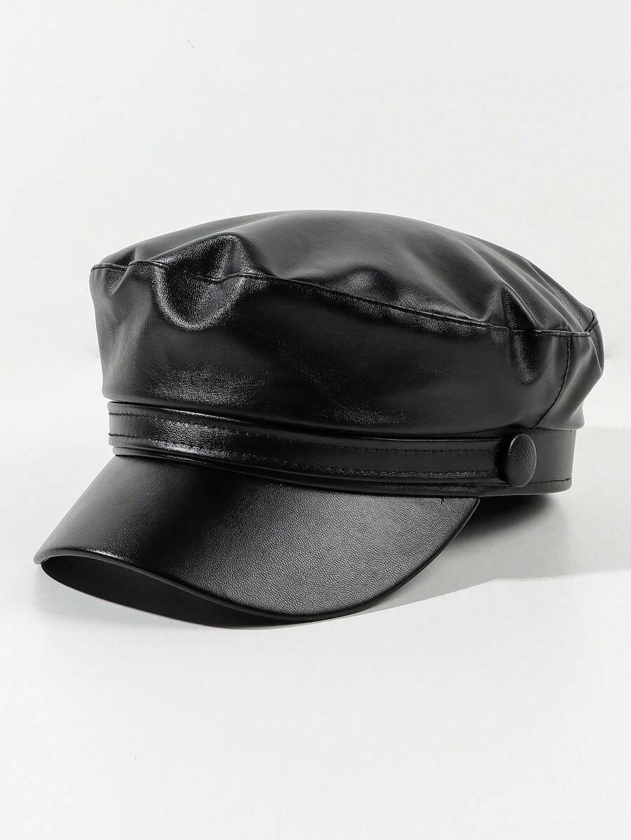 1 pieza Gorra tipo "Newsboy" de piel de PU para mujer, boina casual con visera, apta para uso diario