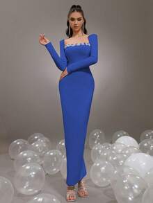 Đầm Maxi Ôm Body Cổ Vuông Tay Dài Đính Đá Rhinestone Mới, Đầm Dạ Hội Cưới Trang Trọng Cho Nữ - Xanh đậm - Xem 2