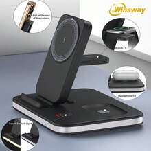 Winsway 4-In-1 Wireless Charging Stand 15W Strong Magnetic Power Supply, Foldable Mobile Phone Stand With Night Light, With USB C Data Cable, Compatible With IPhone 16-11, Watch Ultra 10-SE And Headphones - Black - View 5