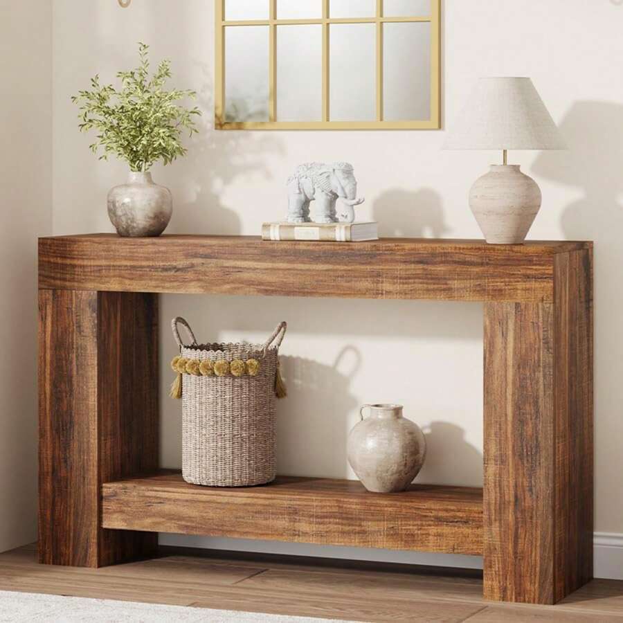120 Cm Long Console Table For The Entrance Area, Large 2-Tiered Sofa Table With Storage Space, Country-Style Console Table, Wooden Entry Table For Living Room, Entrance Area, Hallway - 棕色 - 查看 1
