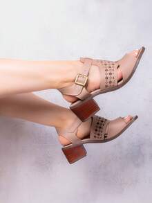 Sandalias para Mujer Elegantes con Hebilla y Diseño Calado Punta Abierta Tacón Grueso Estilo Sofisticado para Oficina y Diario - Beis - Ver 2
