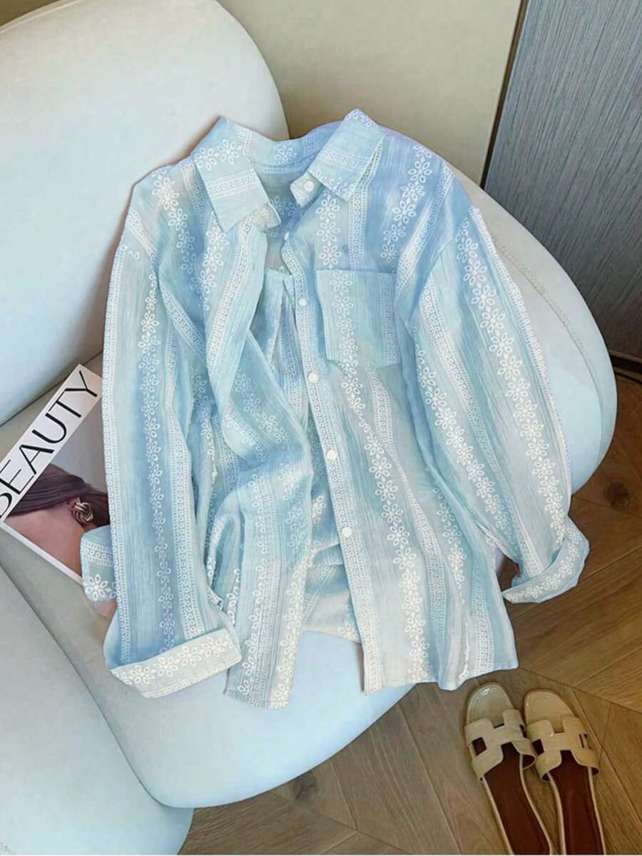 Áo sơ mi dài tay Jacquard thanh lịch giản dị dành cho nữ - Màu xanh lam - Xem 1