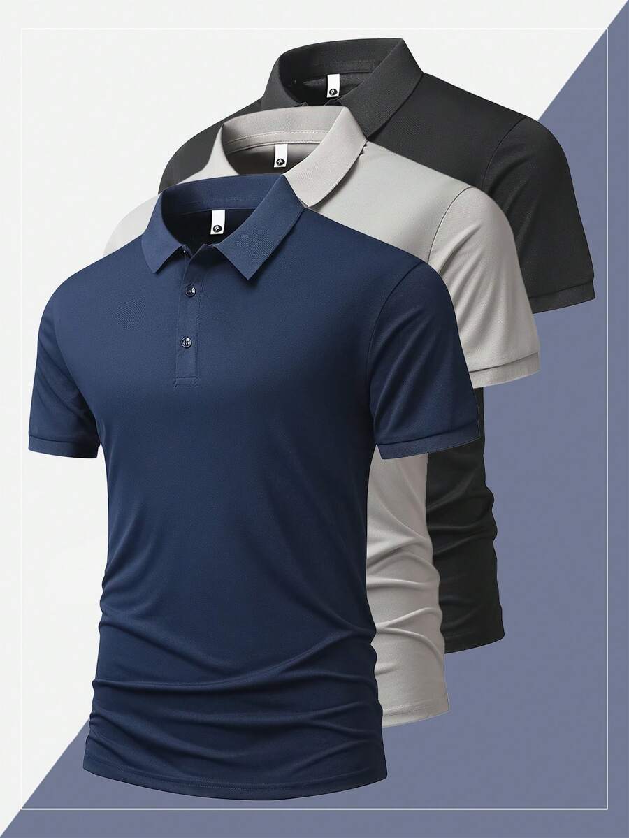 Áo polo nam màu trơn, thoáng khí, thời trang, thường ngày, công sở, chạy bộ, tập thể dục, co giãn, kiểu dáng boyfriend mùa hè - Màu xanh hải quân - Xem 1