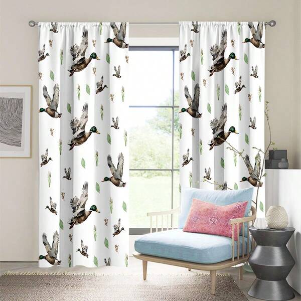 2pcs Duck - Themed Curtains (Mallard Design)- Rod Pocket, For Nursery, Living, Bedroom, Office, Kitchen, Bathroom, Cabinet Decor
