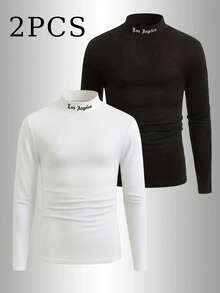 2PCS Long-Sleeved Half Turtleneck Base Layer Shirt With Letter Pattern, Casual T-Shirt For Men In Autumn And Winter, Two Pieces Set