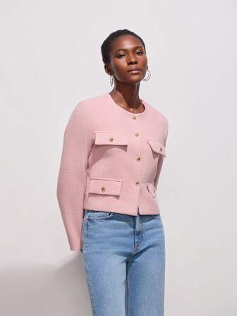 女士优雅休闲粗花呢夹克春秋时尚圆领装饰长袖纯色外套