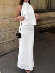 2pcs Elegant French Satin Halter Backless Ladies Set - White - View 6