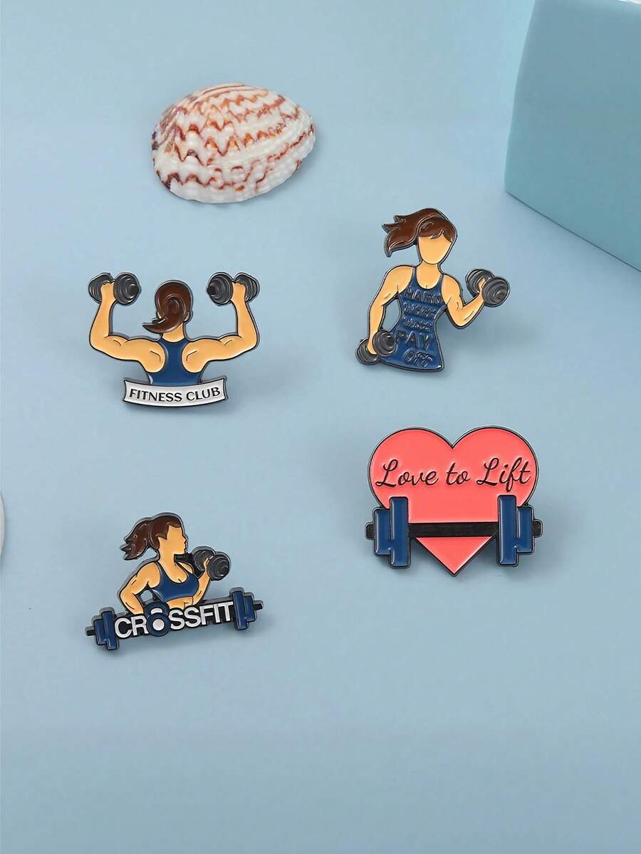 4 件装欧美创意健身女孩杠铃举重运动器材设计金属珐琅别针办公室配饰衬衫夹克珠宝圣诞节万圣节衣服别针趣味可爱教师礼物 - A - 查看 1