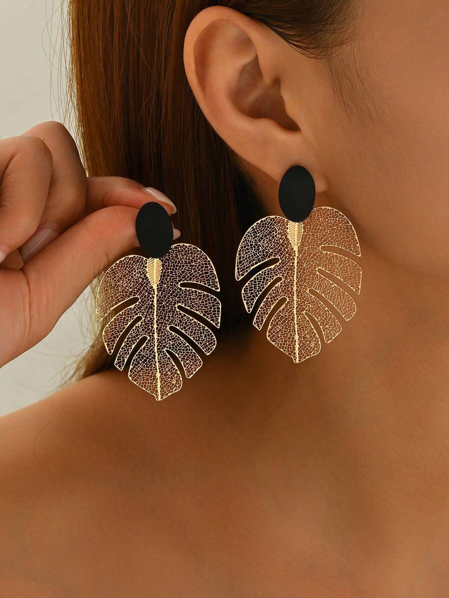 1 Đôi bông tai kim loại rỗng hình lá thời trang cổ điển đa năng, thích hợp đeo hàng ngày - Vàng 983 - Xem 1