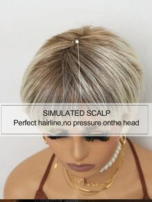 Brazilian Wig 8" Short Straight Layered Grey Wig, Natural Look For Parties, Mother's Day & Casual Attire, Party Accessories, Natural Wig., Halloween - Blonde Highlight - View 7