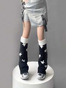 1双Y2K五角星腿套，不对称猫星腿套，洛丽塔加厚针织腿套/秋冬季过膝长筒腿套，舒适保暖