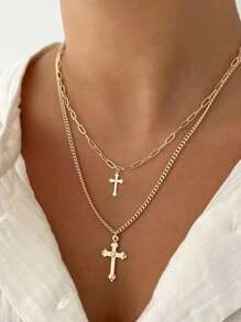 2 piezas Collar de cadena en forma de O simple de alloy, collar de múltiples capas cruzado simple para mujer, adecuado tanto para hombres como para mujeres, Collar chapado en oro de 18k con perlas, Colgante de joyería bohemia con cuentas